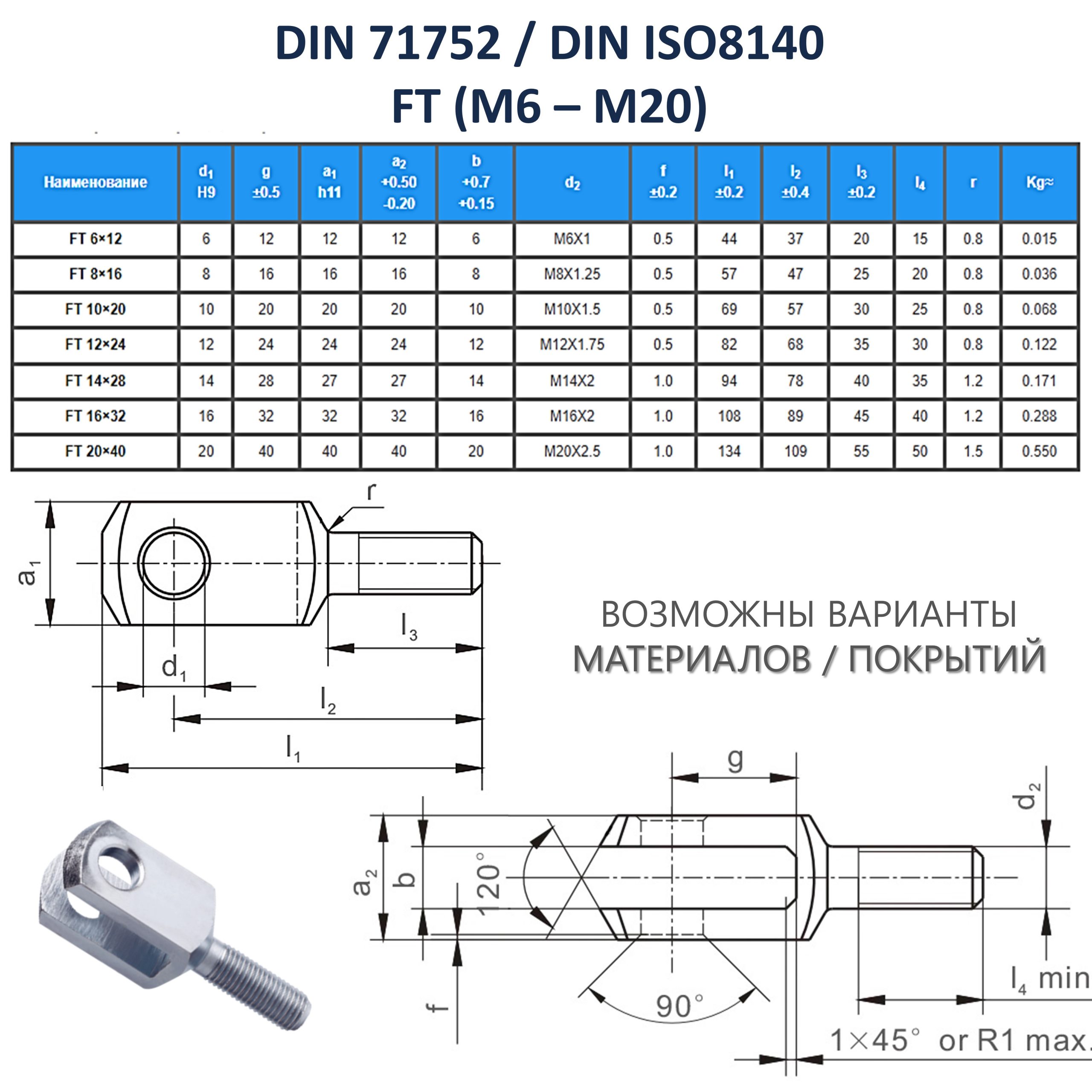 Размеры и чертеж шарнира вилочного DIN 71752 FT с наружной резьбой (М6 - М20)